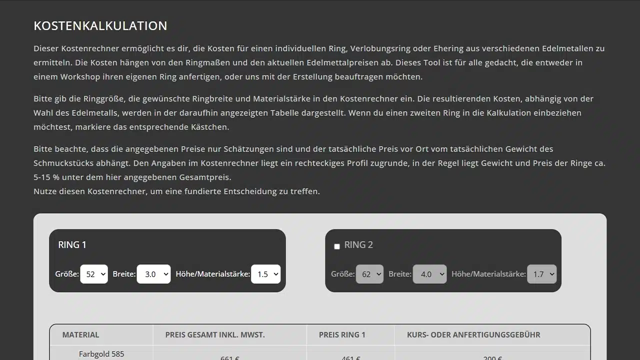 Kostenkalkulation für Eheringe anfertigen lassen